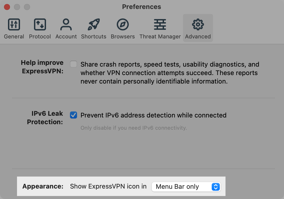 ExpressVPN Advanced settings with the menu bar toggle highlighted.