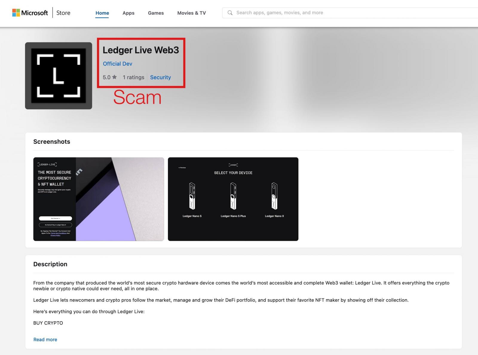 Fake Ledger app on Microsoft App Store