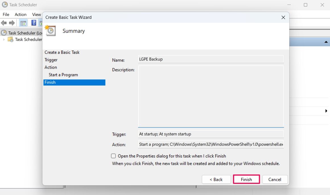 Finish option in Task Scheduler