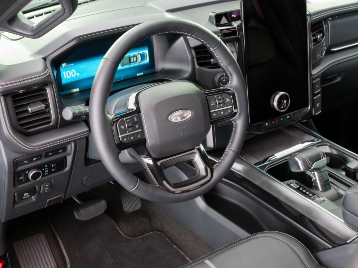 The interior of an F-150 Lightning Platinum Black model.