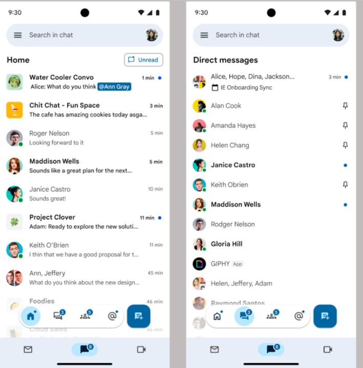 A screenshot of the new Google Chat app as of November 2023.