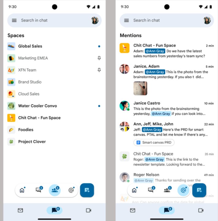 A screenshot of the new Google Chat app as of November 2023.