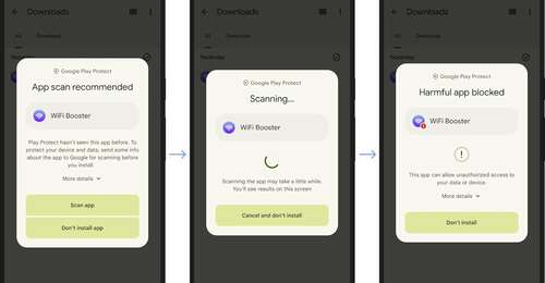 three screenshots showing Google Play Protect's real-time app scanning in effect