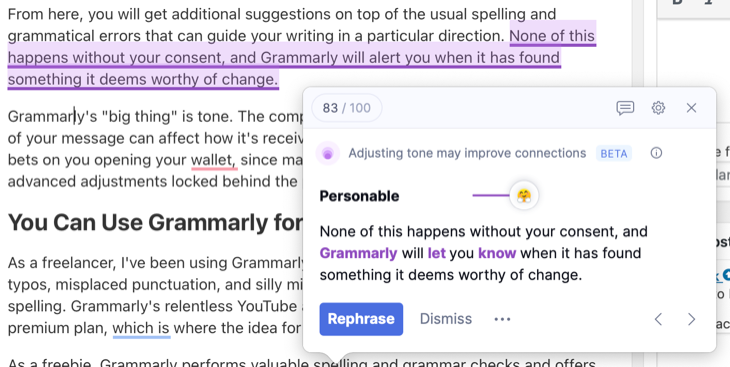 Tone suggestions are a pillar of Grammarly Premium's feature set