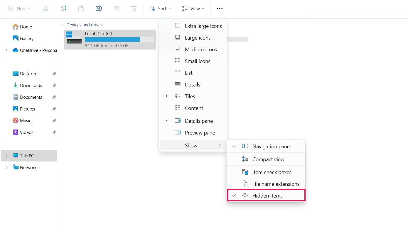 Hidden items option in the File Explorer