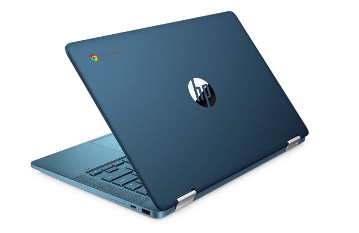 A blue HP x360 Chromebook.