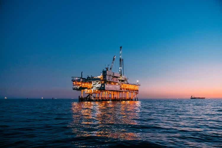 Beautiful Dusk Sky Over an Offshore Oil Drilling close to Huntington Beach