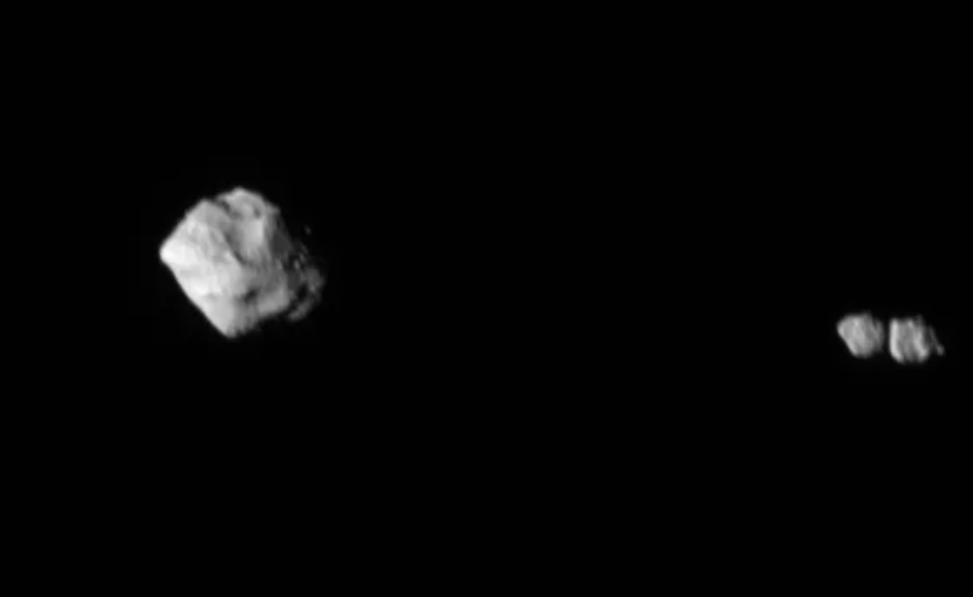 The half-mile-wide asteroid Dinkinesh on the left and the intriguing contact binary on the right.