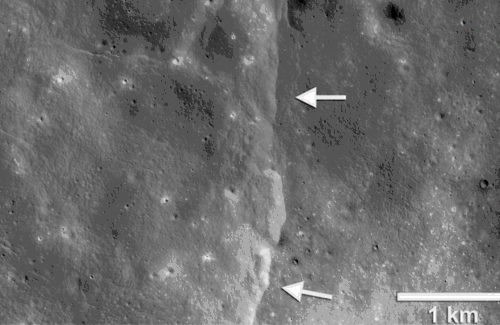 A fault that formed on the lunar surface as the moon slowly contracts.