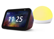 The Echo Show 5 (3rd Gen) Kids with a yellow Echo Glow overlaid on a white background