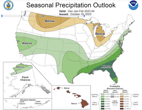 The National Oceanic and Atmospheric Administration's precipitation winter forecast for 2023-2024.