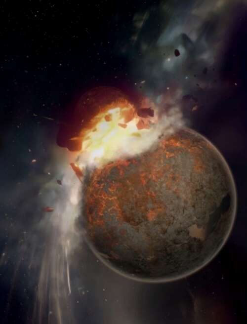 An artist's conception of the planet Theia colliding with an early Earth.