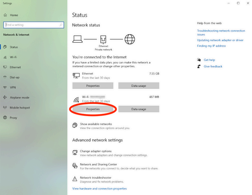 Screenshot of Network and Internet settings on a PC 