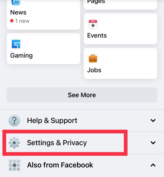 Smartphone screenshot highlighting Facebook's "Settings & Privacy" link. 