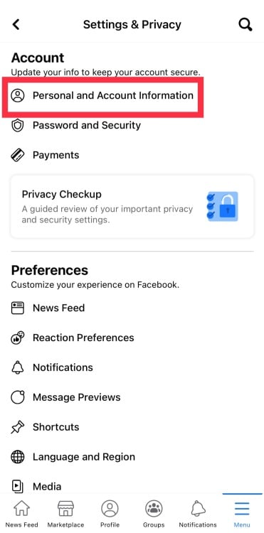 Smartphone screenshot highlighting Facebook's "Personal and Account Information" under "Account" settings.