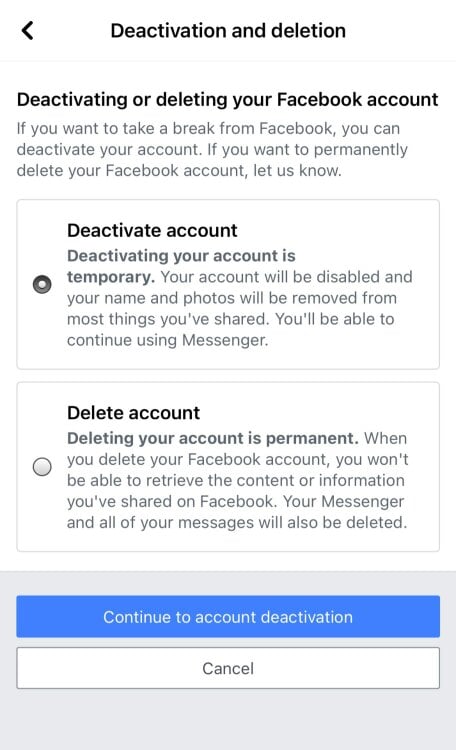 Screenshot of Facebook's information for users deactivating their accounts.