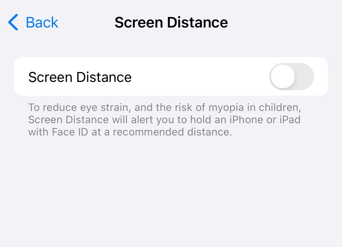 Screenshot from an iPhone showing how to disable the Screen Distance feature