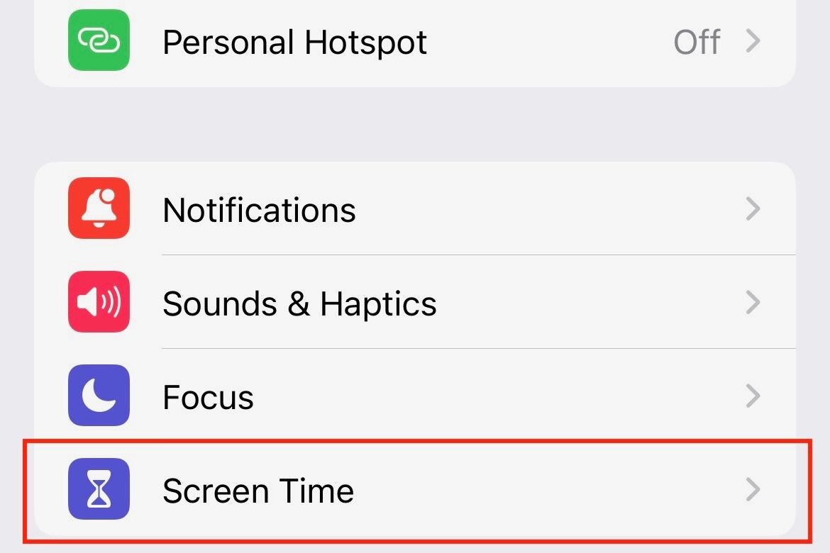 The image is a screenshot of the settings menu on an iPhone, highlighting Screen Time.