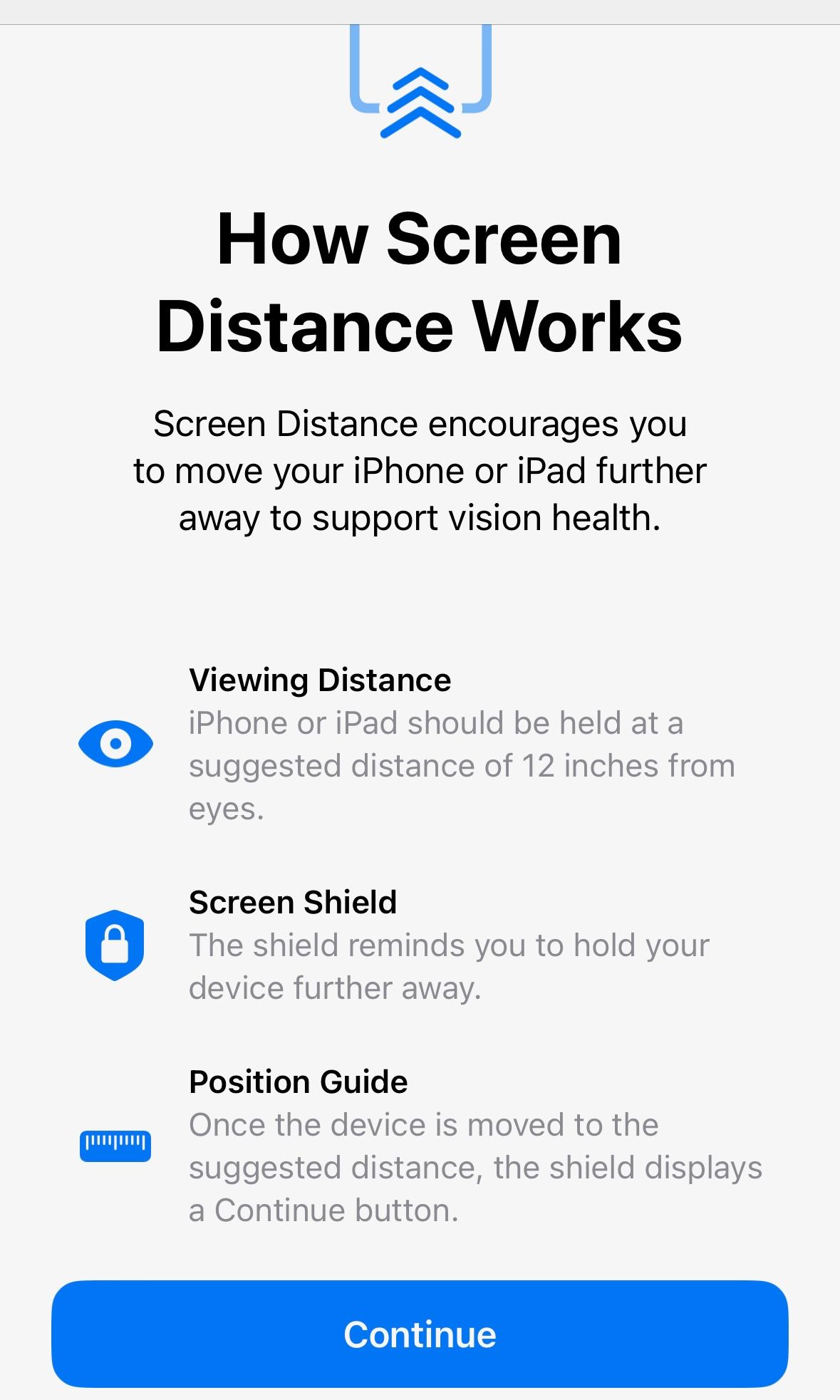 The image is a screenshot of the iPhone, explaining how Screen Distance works.