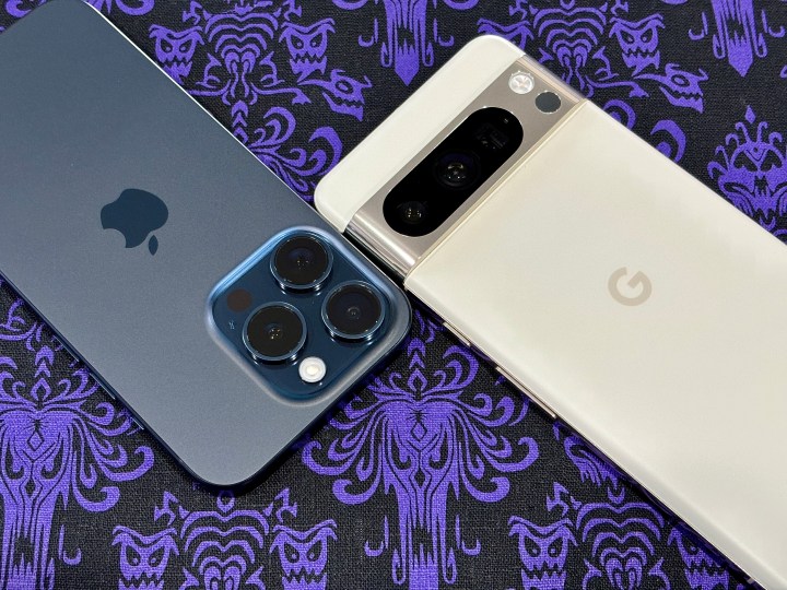 An iPhone 15 Pro in Blue Titanium (left) and Google Pixel 8 Pro in Porcelain showing camera modules.