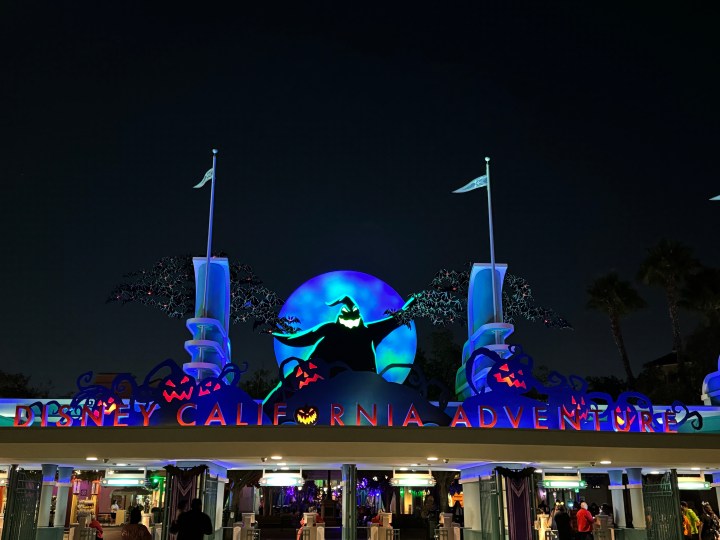 Oogie Boogie DCA sign taken with iPhone 15 Pro main camera in low light.