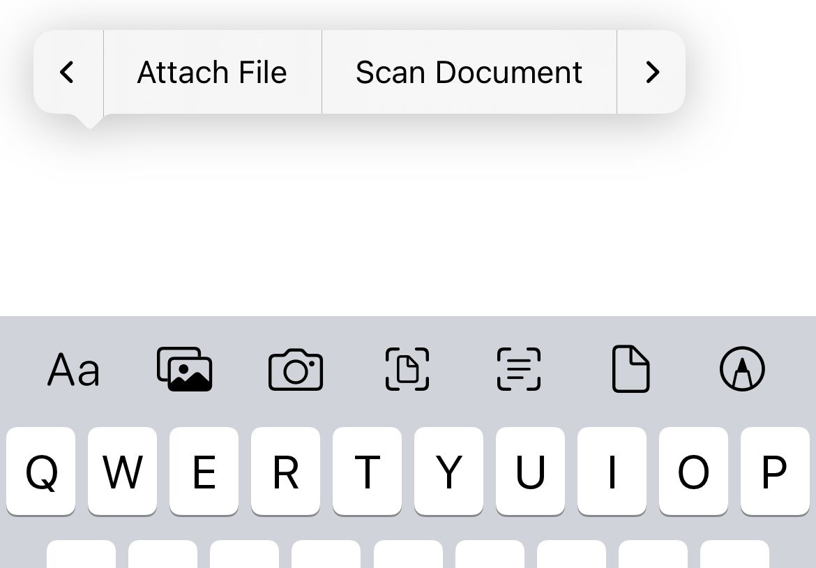 Using the context menu or QuickType box to attach a file in Mail for iPhone