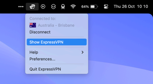 An image of the Mac menu bar with ExpressVPN open.