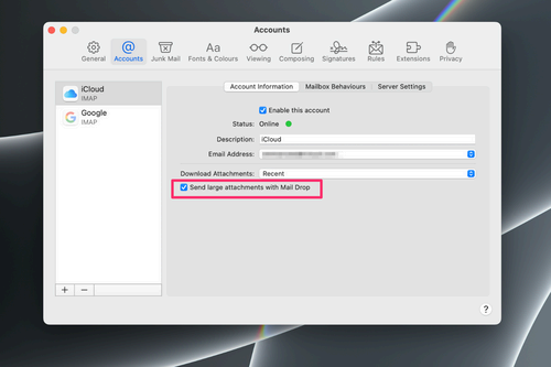 Mail app Settings screen on Mac indicating how to enable the 'Send large attachments with Mail Drop' option.