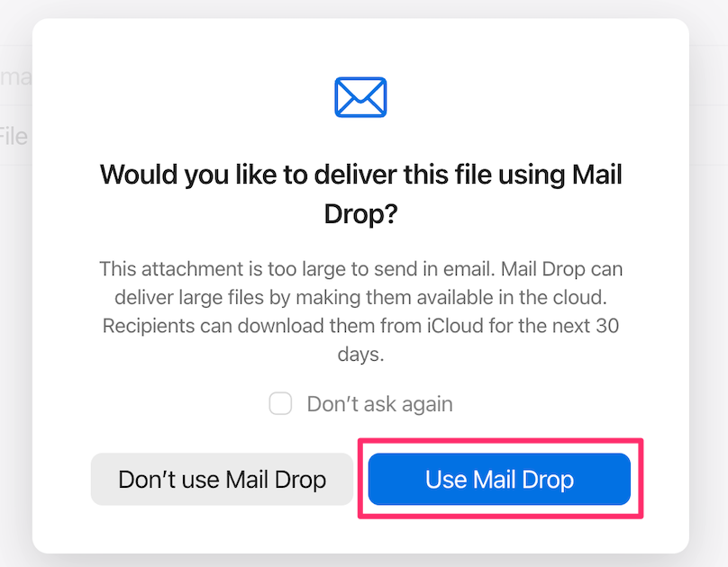 A dialog box prompting to use Mail Drop to deliver a large attachment.