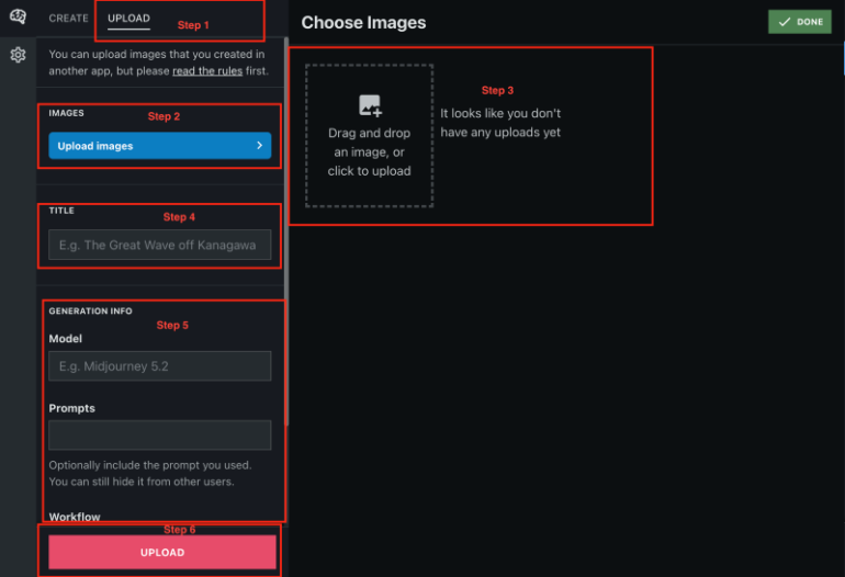 NightCafe image to image generator settings.