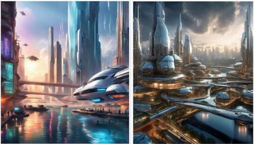 From left to right: NightCafe- and Img2Go-generated images of futuristic looking cities.