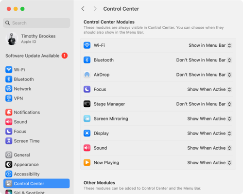 Disabling and enabling Menu Bar icons using the Control Center settings menu.