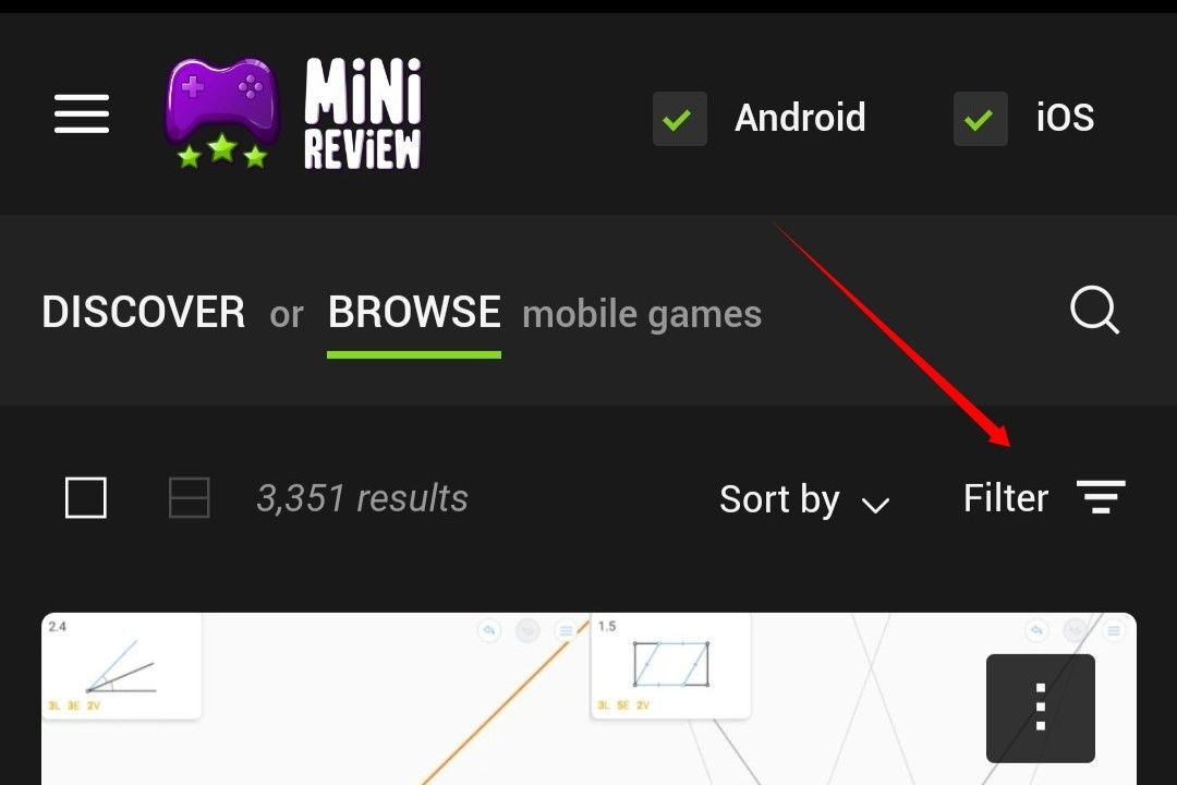 Selecting the 'Filter' option in the MiniReview app.