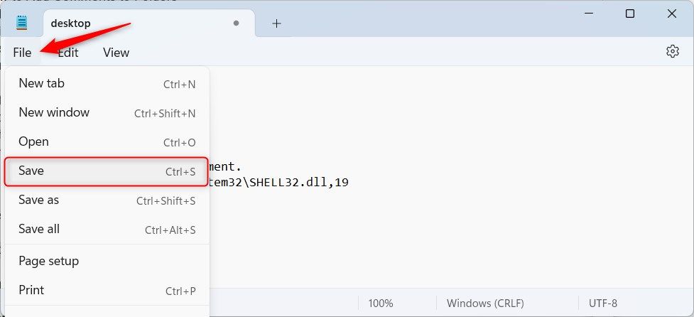 Notepad File Menu with Save option