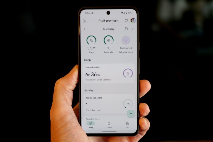 The Fitbit app on the Google Pixel 8, connected to the Google Pixel Watch 2.