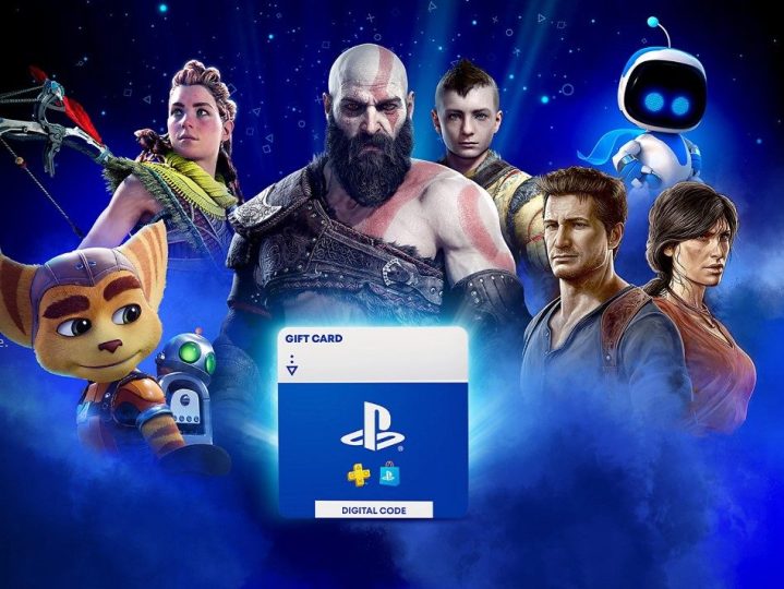 A Playstation Store gift card depicted with video game characters around it.