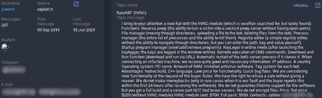 RazvRAT malware sale