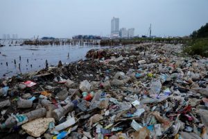 Rubbish, most of which is plastics, is seen along a shoreline in Jakarta, Indonesia
