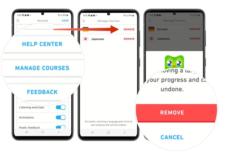 A screenshot showing how to remove a language from the Android-based Duolingo app.