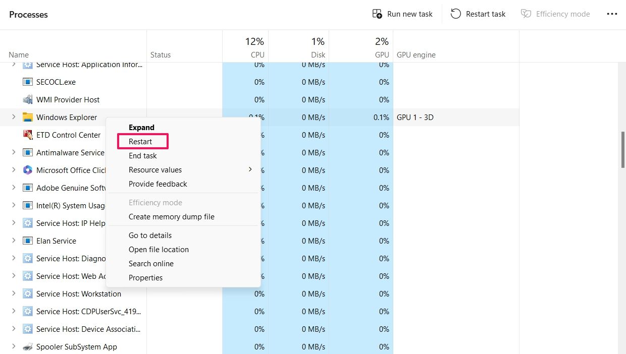 Restart option in the Task Manager