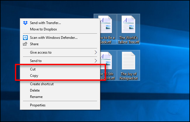 Select Cut or Copy on the Right-Click Menu