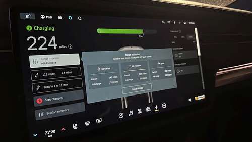 Rivian R1T electric truck display showing range estimates. 