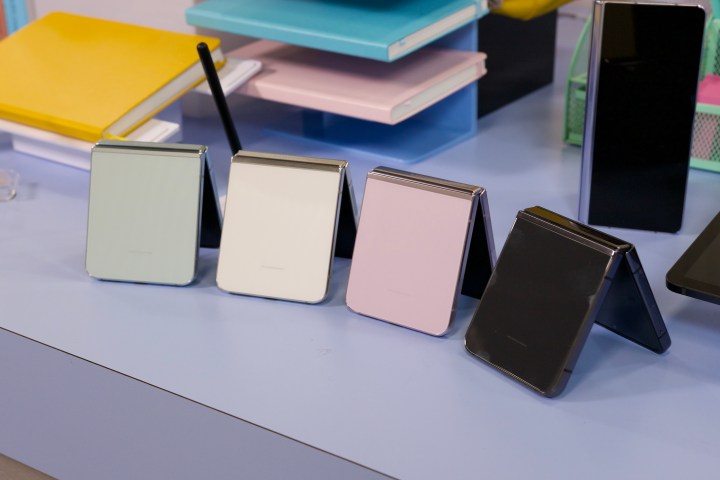 The Samsung Galaxy Z Flip 5 in mint, cream, pink, and black colors.