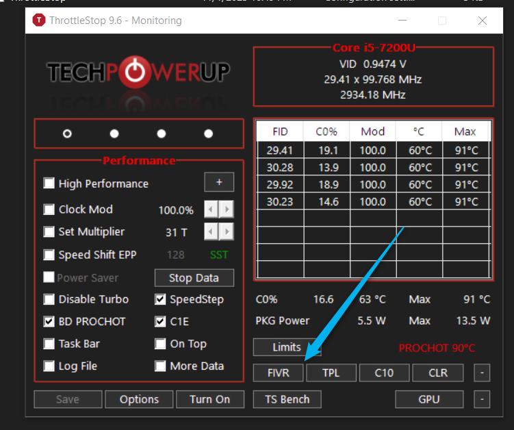 The main menu of ThrottleStop