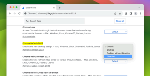 Turning off the Chrome Refresh 2023 feature flag