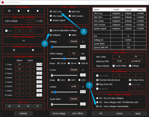 ThrottleStop FIVR menu with the CPU Core FIVR Control opened