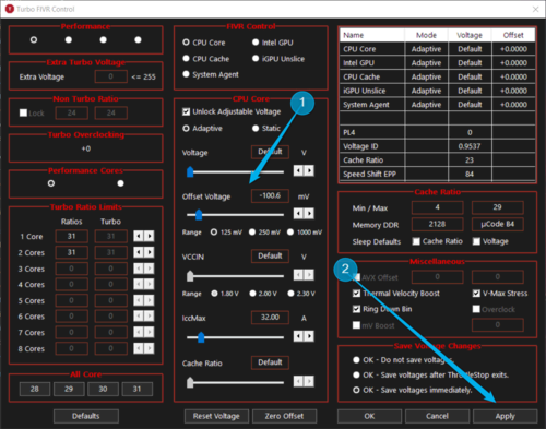 ThrottleStop FIVR menu with the CPU Core Offset Voltage set to minus 100.