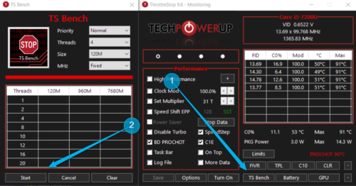 ThrottleStop with the TS Bench tool opened.