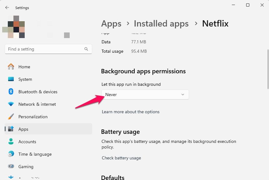 Select Never under Let this app run in background