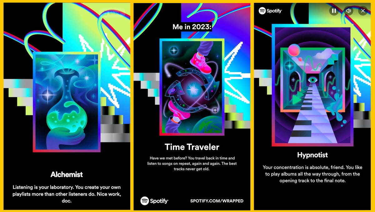 screenshots of three of the Me in 2023 personality types for Spotify Wrapped: the Alchemist, the Time Traveler and the Hypnotist